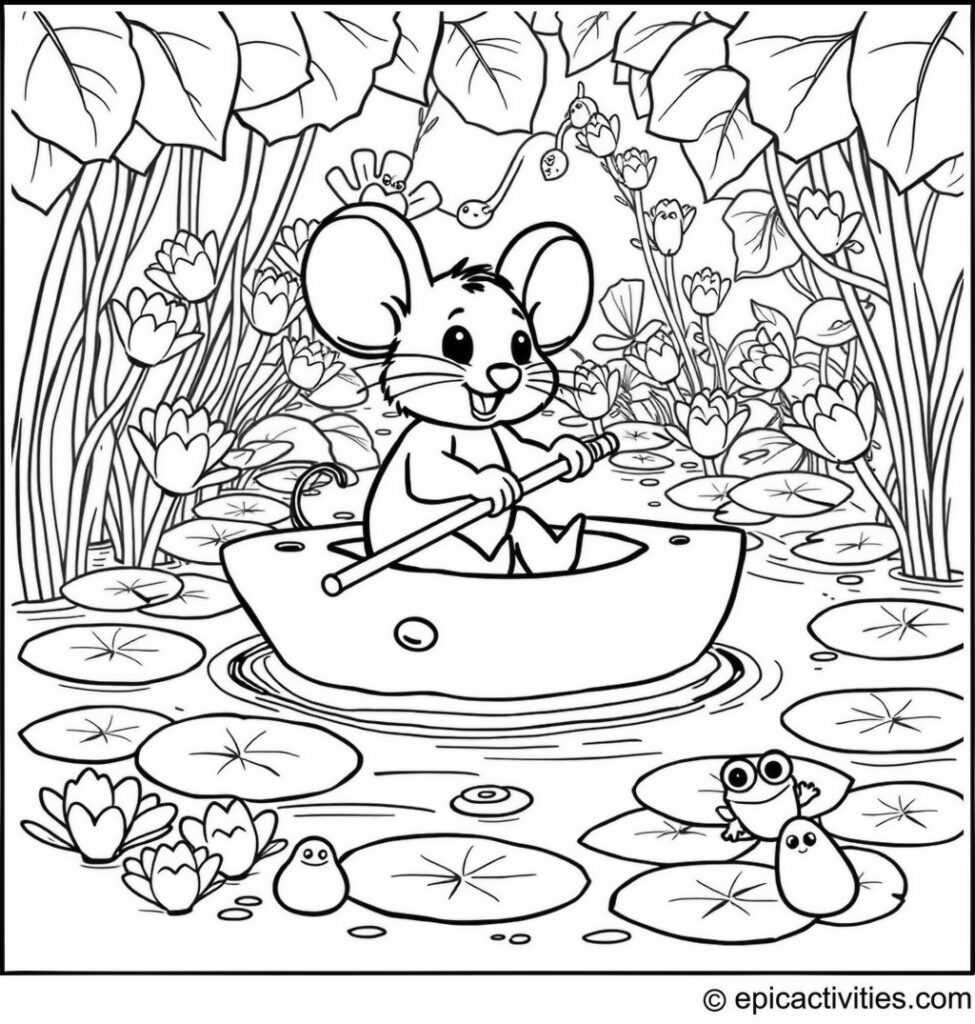 Coloring page of a Cute Cartoon Mouse Rowing a Cheese Boat in a Pond