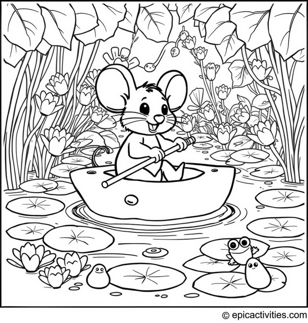 Coloring page of a Cute Cartoon Mouse Rowing a Cheese Boat in a Pond