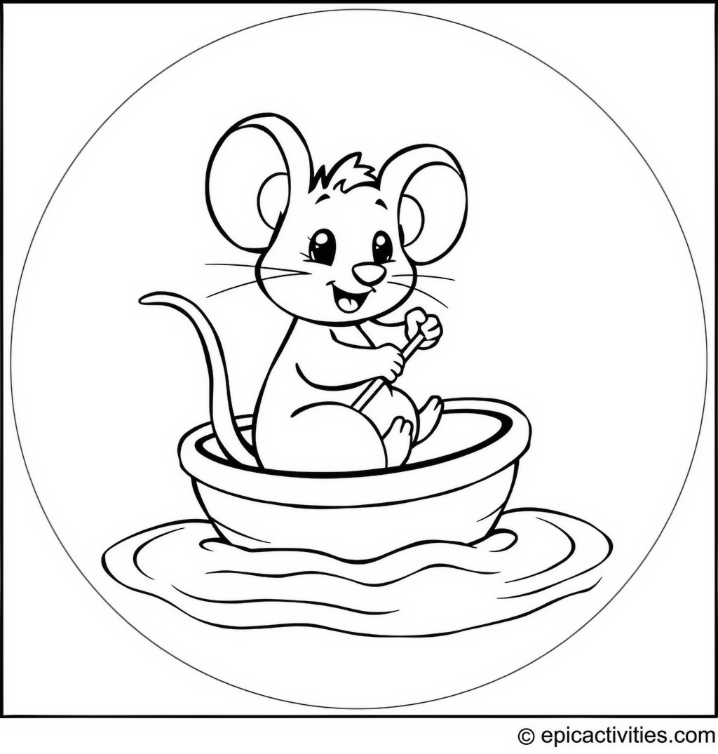 Coloring page of a Cute Cartoon Mouse Sailing a Boat in a Bottle Cap