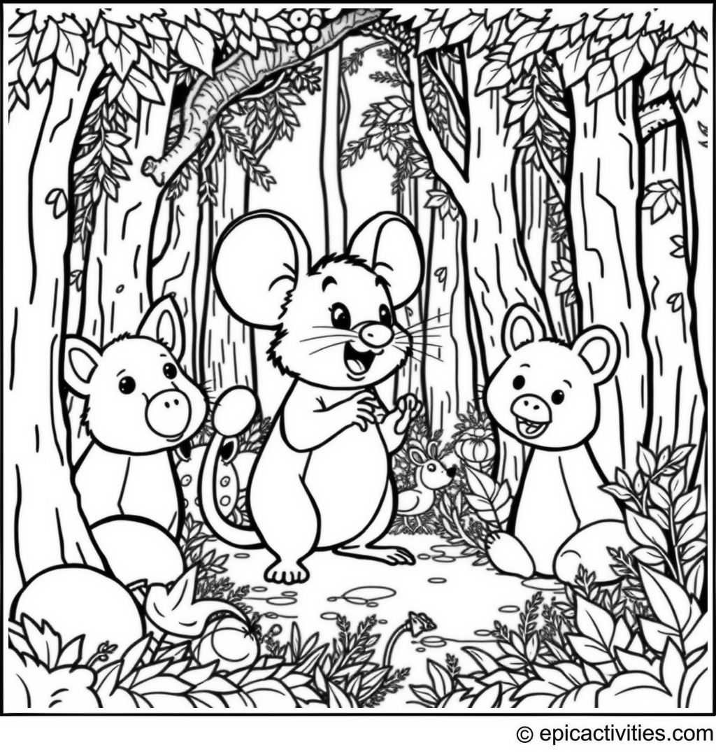 Coloring page of a Cute Cartoon Mouse Singing in a Detailed Forest with Forest Animals