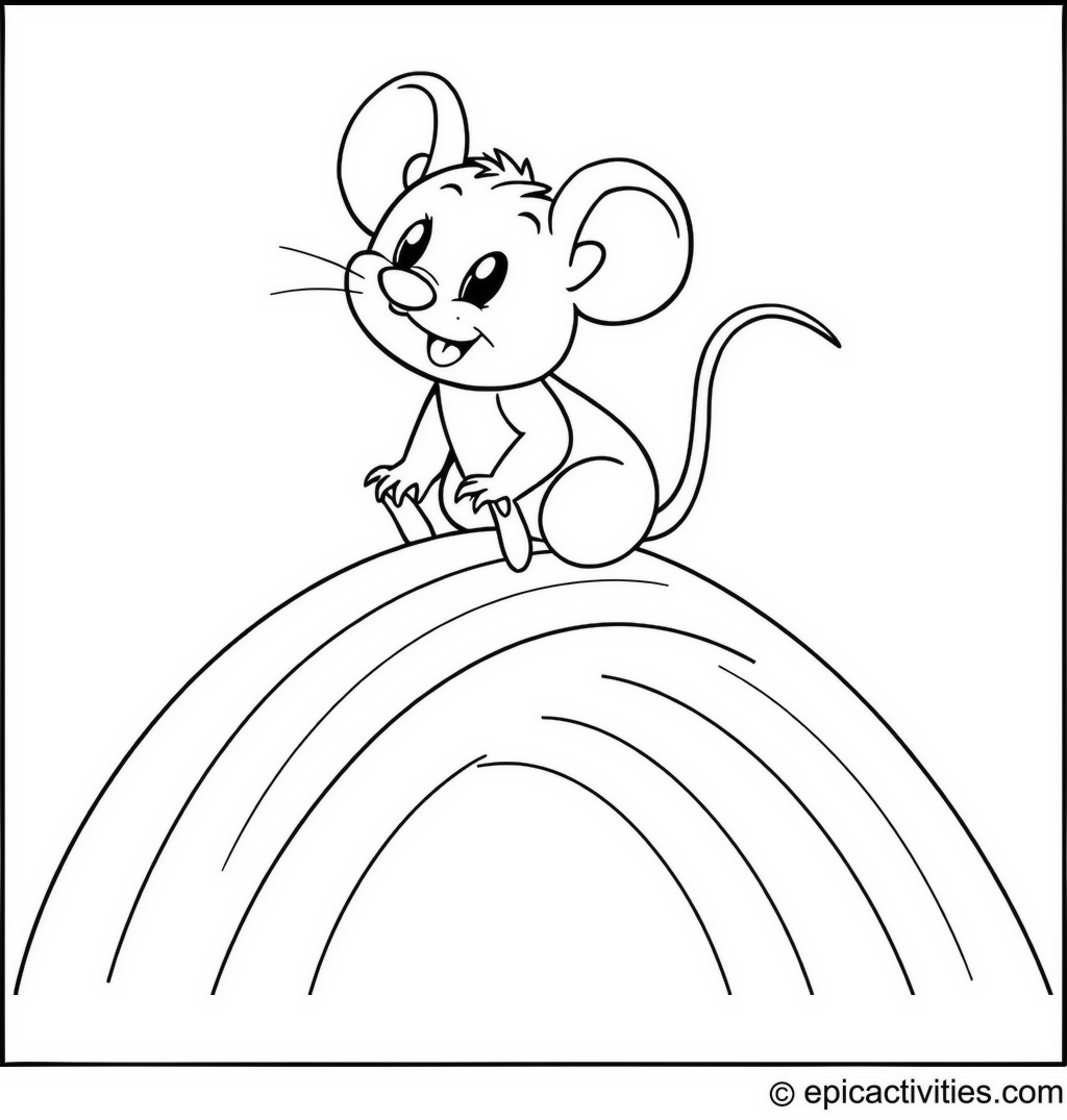 Coloring page of a Cute Cartoon Mouse Sliding Down a Rainbow