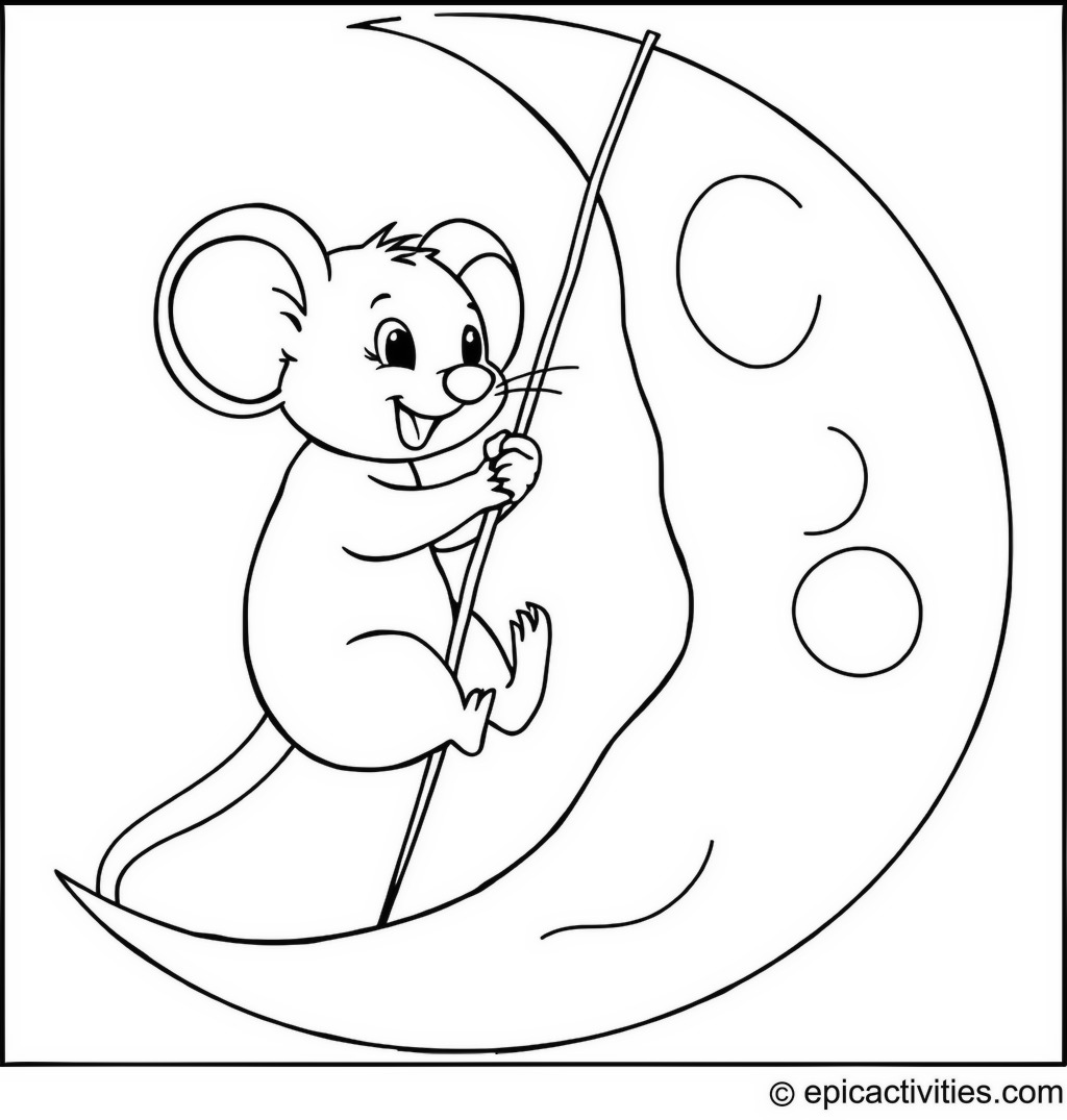 Coloring page of a Cute Cartoon Mouse Swinging on the Moon