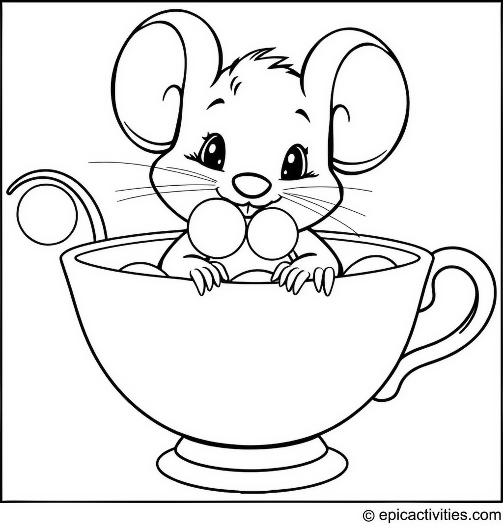 Coloring page of a Cute Cartoon Mouse Taking a Bubble Bath in a Teacup