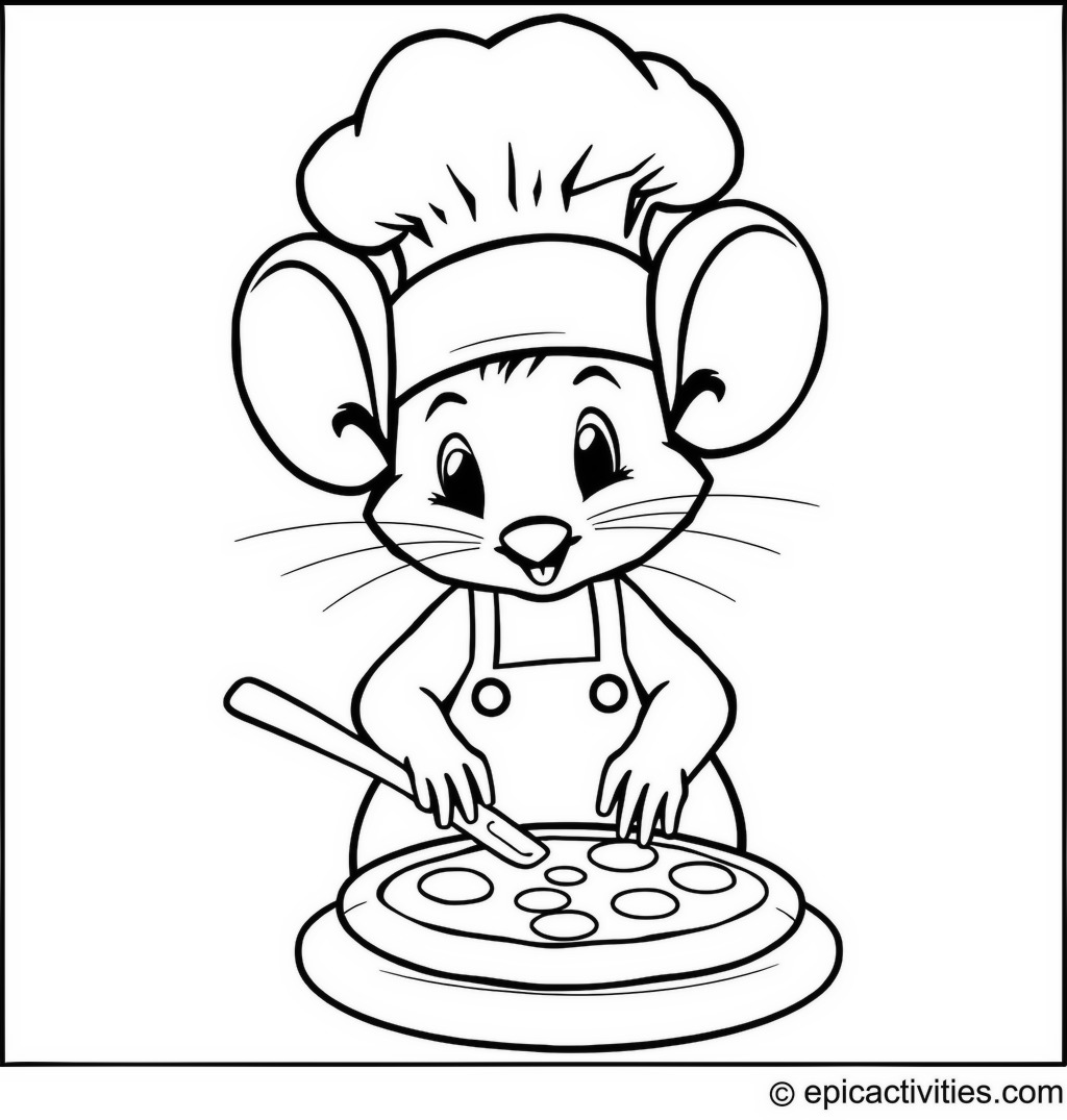 Coloring page of a cute cartoon mouse wearing a chef hat cooking pizza