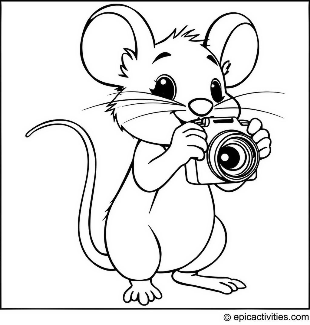 Coloring page of a Cute Cartoon Mouse with a Tiny Camera