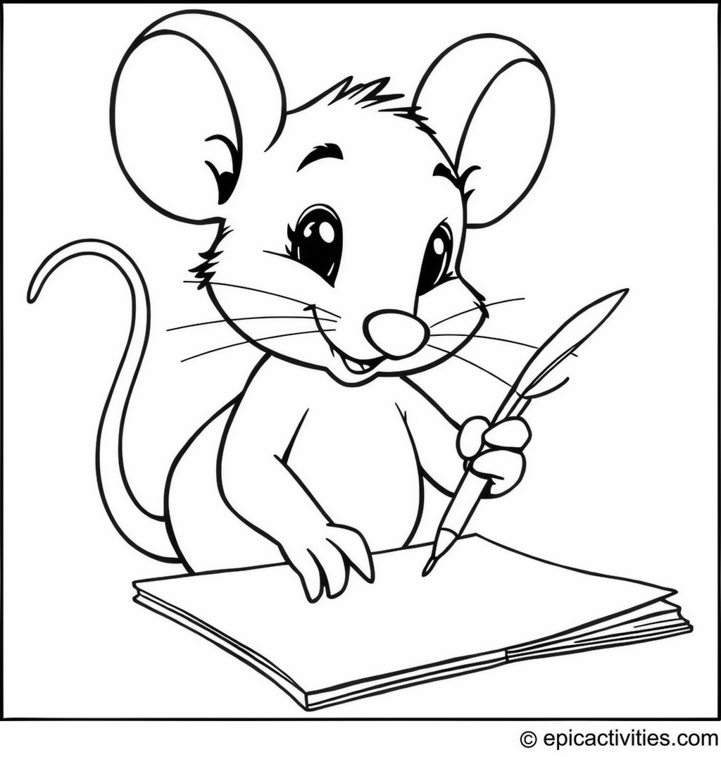 Coloring page of a Cute Cartoon Mouse Writing a Letter with a Quill Pen