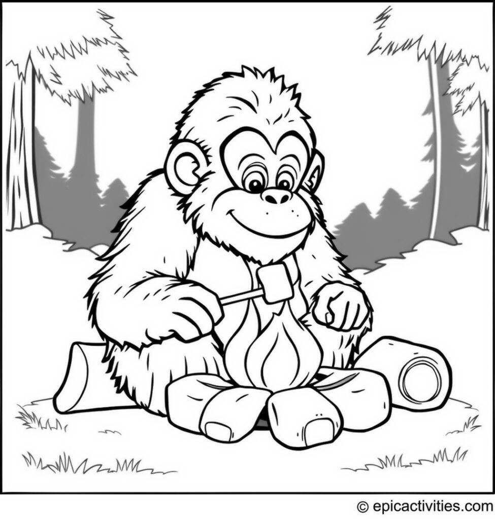 Coloring page of a Cute Cartoon Orangutan Roasting Marshmallows