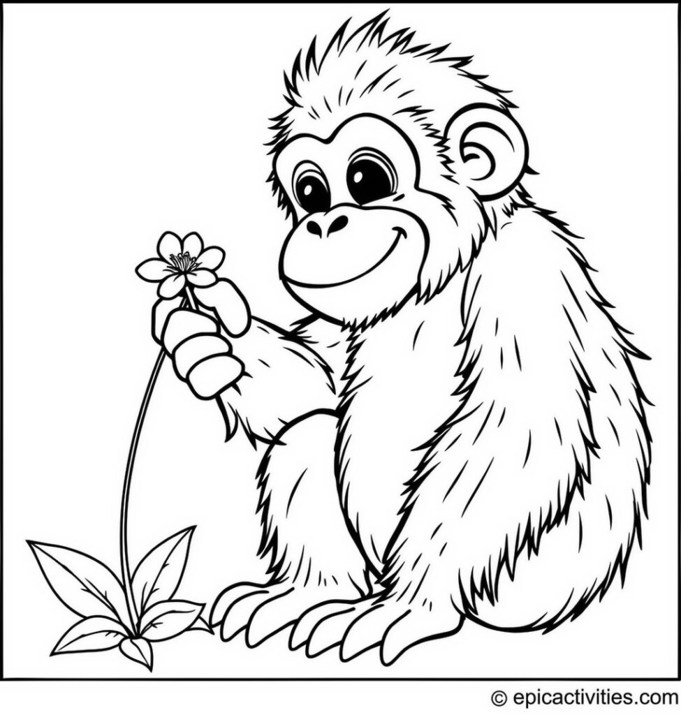 Coloring page of a Cute Cartoon Orangutan with a Tiny Flower