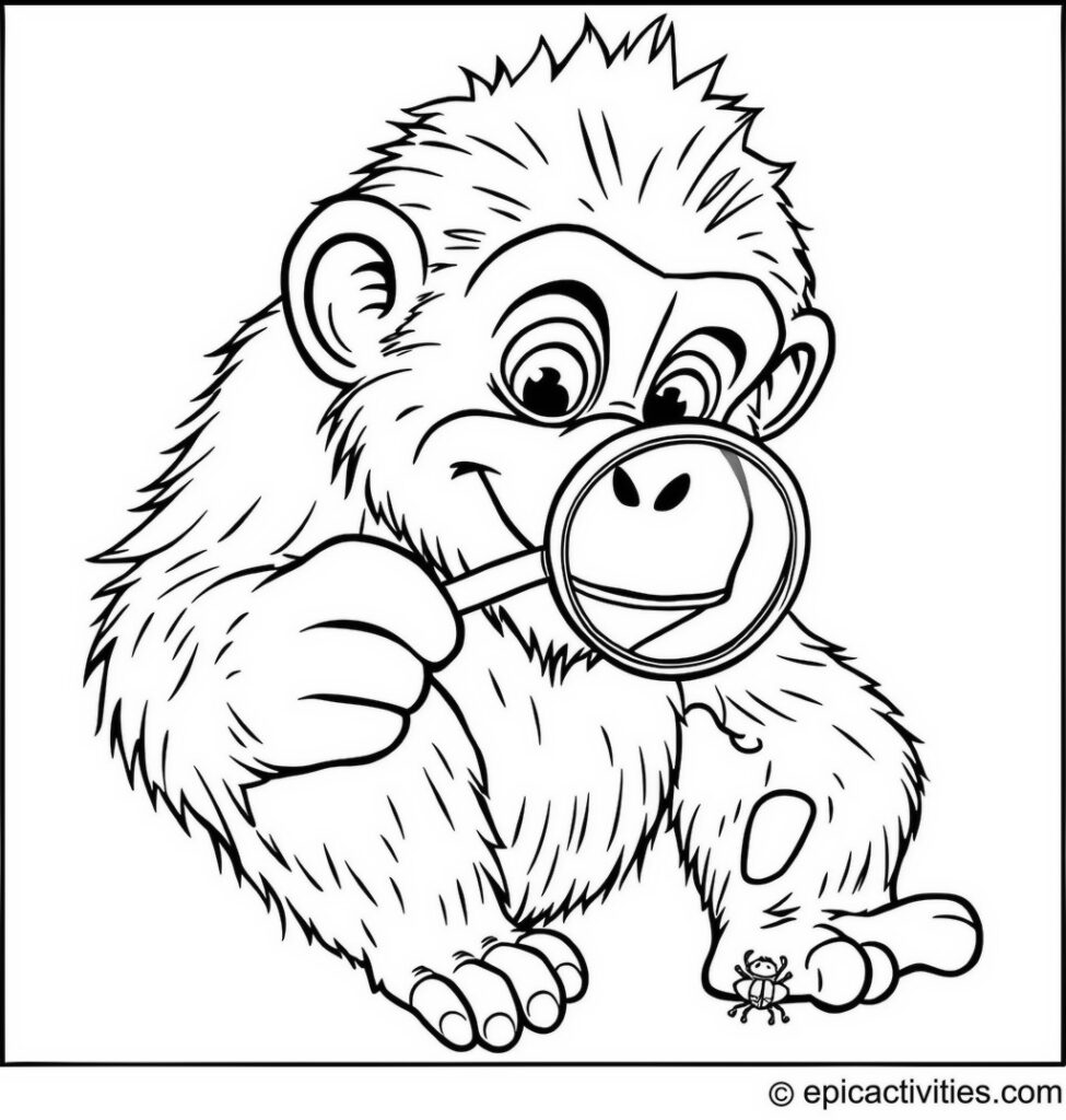 Coloring page of a Cute Cartoon Orangutan with a Magnifying Glass and Bug