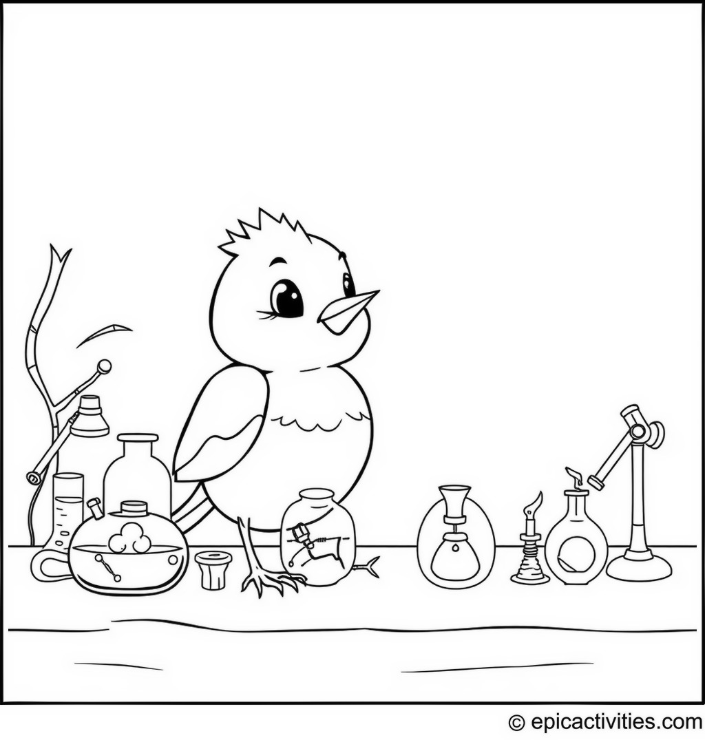 Coloring page of a Cute Cartoon Robin at a Science Fair