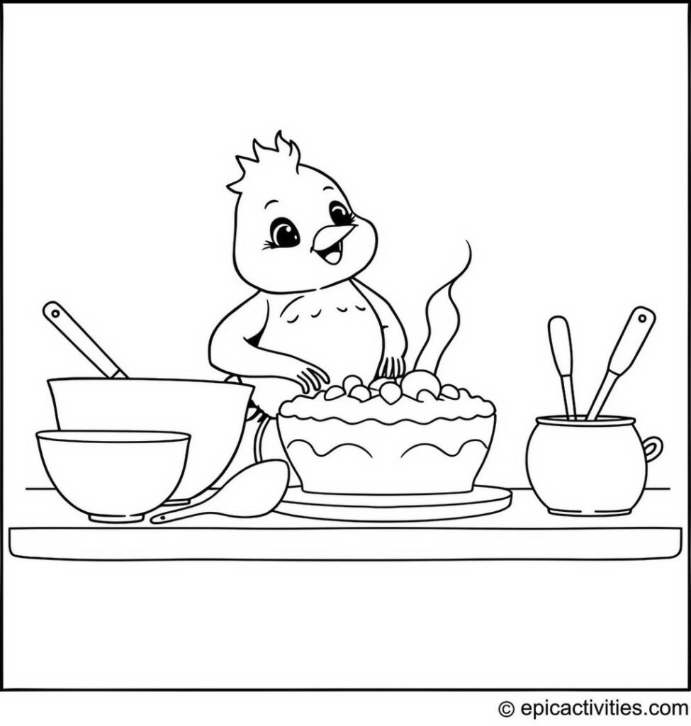 Coloring page of a Cute Cartoon Robin Baking a Cake with Oversized Utensils