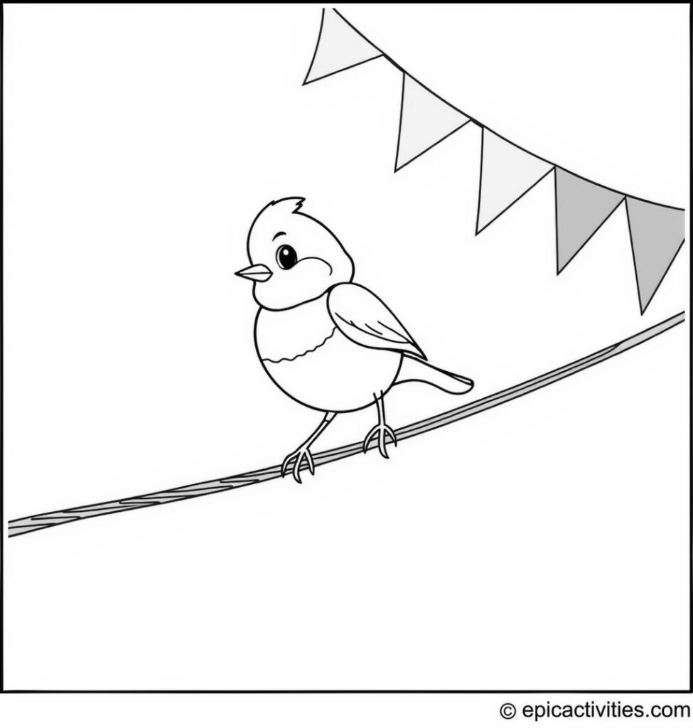 Coloring page of a Cute Cartoon Robin Balancing on a Tightrope with Circus Flags