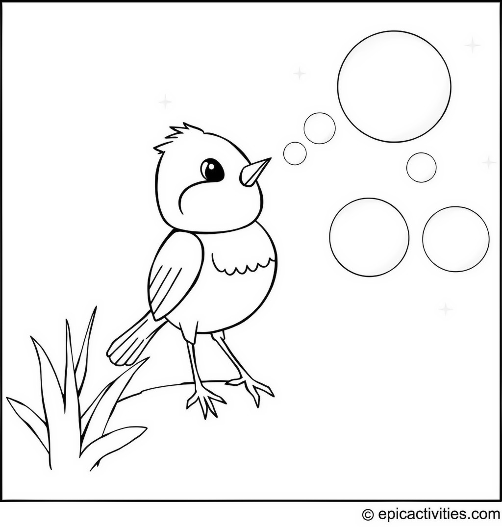 Coloring page of a Cute Cartoon Robin Blowing Rainbow-Colored Bubbles