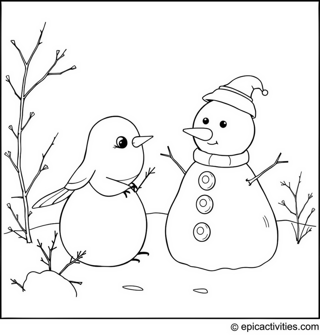 Coloring page of a Cute Cartoon Robin Building a Snowman