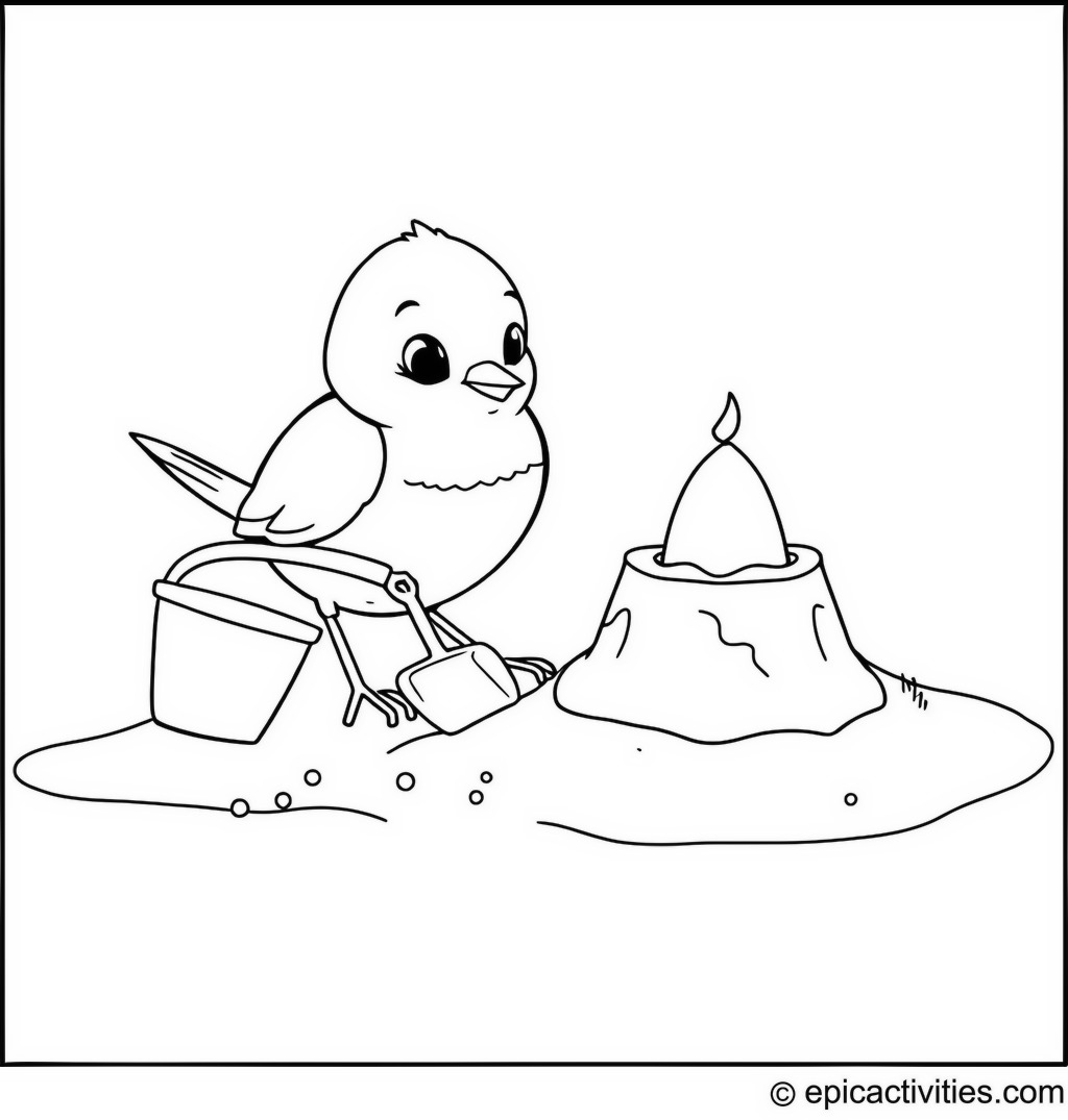 Coloring page of a Cute Cartoon Robin Building a Tiny Sandcastle on the Beach