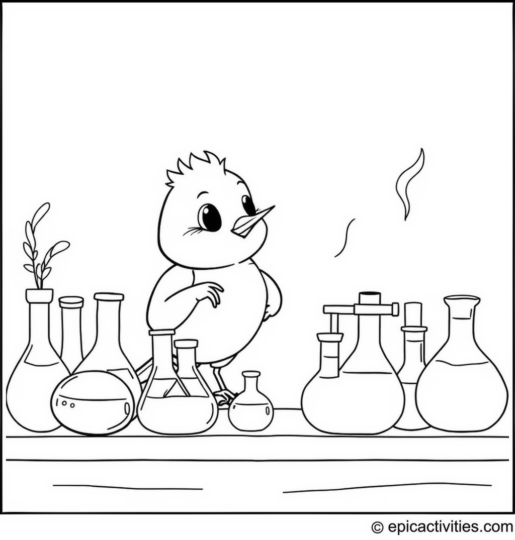 Coloring page of a Cute Cartoon Robin Conducting Science Experiments