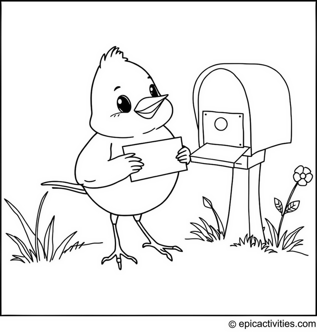 Coloring page of a Cute Cartoon Robin Delivering a Tiny Letter with a Whimsical Mailbox