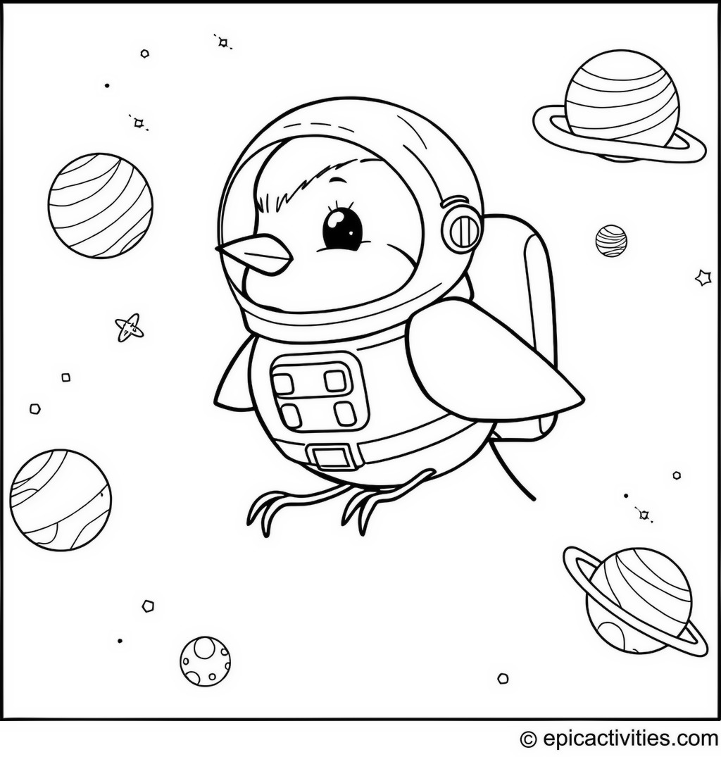 Coloring page of a Cute Cartoon Robin Dressed as an Astronaut Floating in Space