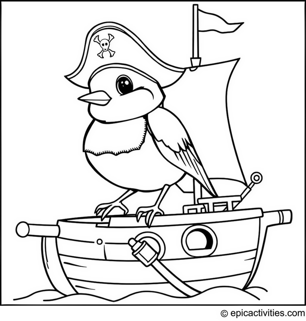 Coloring page of a Cute Cartoon Robin Dressed as a Pirate on a Pirate Ship with a Treasure Chest