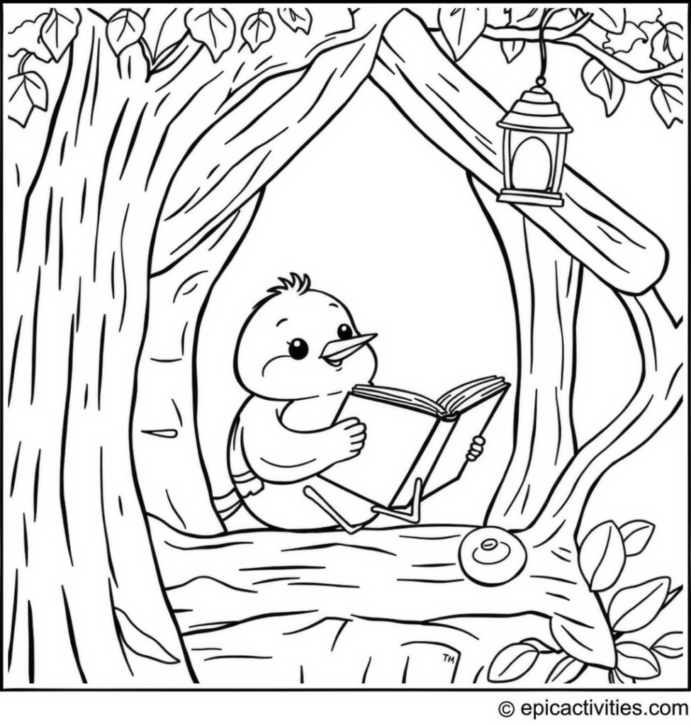 Coloring page of a Cute Cartoon Robin in a Cozy Treehouse