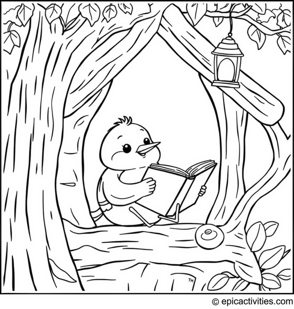 Coloring page of a Cute Cartoon Robin in a Cozy Treehouse