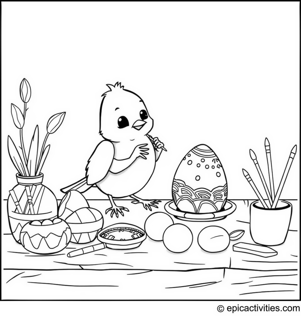 Coloring page of a Cute Cartoon Robin Painting an Easter Egg