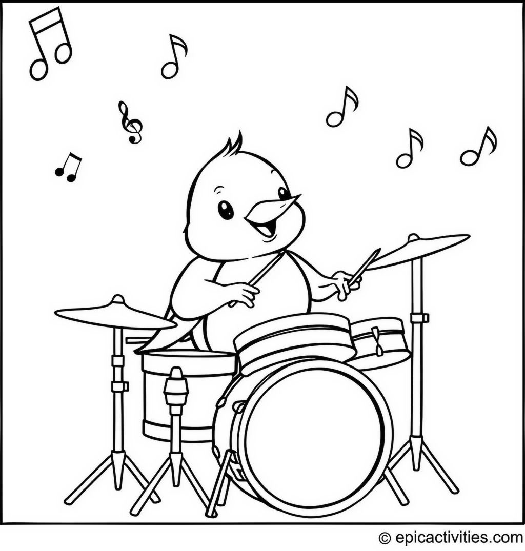 Coloring page of a Cute Cartoon Robin Playing a Tiny Drum Set with Musical Notes