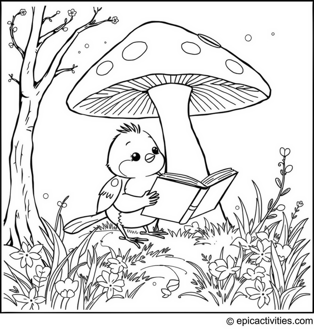 Coloring Page of a Cute Cartoon Robin Reading a Magical Storybook Under a Large Mushroom with Fairy Lights