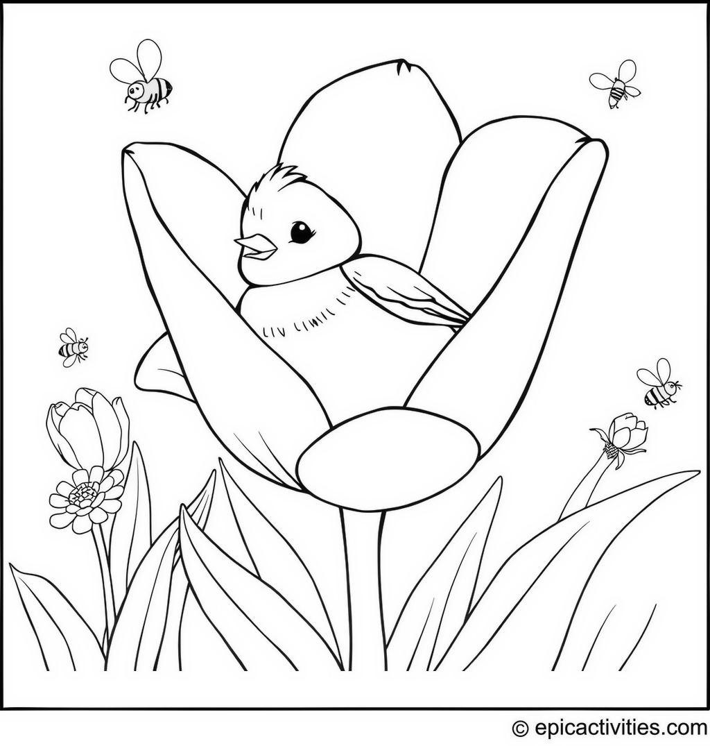 Coloring page of a Cute Cartoon Robin Relaxing in a Giant Tulip Flower with Bees – Fun Coloring Activity!