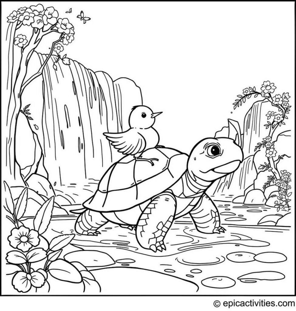 Coloring page of a Cute Cartoon Robin Riding on the Back of a Friendly Turtle Passing by Beautiful Waterfalls