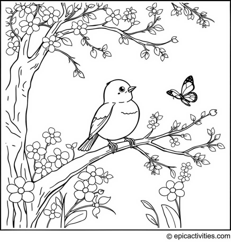 Coloring page of a Cute Cartoon Robin Sitting on a Flower-filled Tree Branch Watching a Butterfly