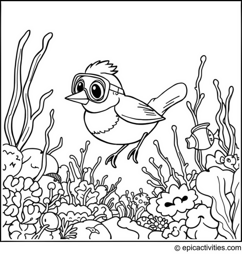 Coloring page of a Cute Cartoon Robin Snorkeling in a Colorful Reef with Fish and Seaweeds