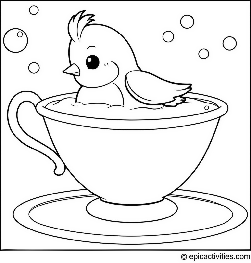 Coloring page of a Cute Cartoon Robin Taking a Bubble Bath in a Teacup
