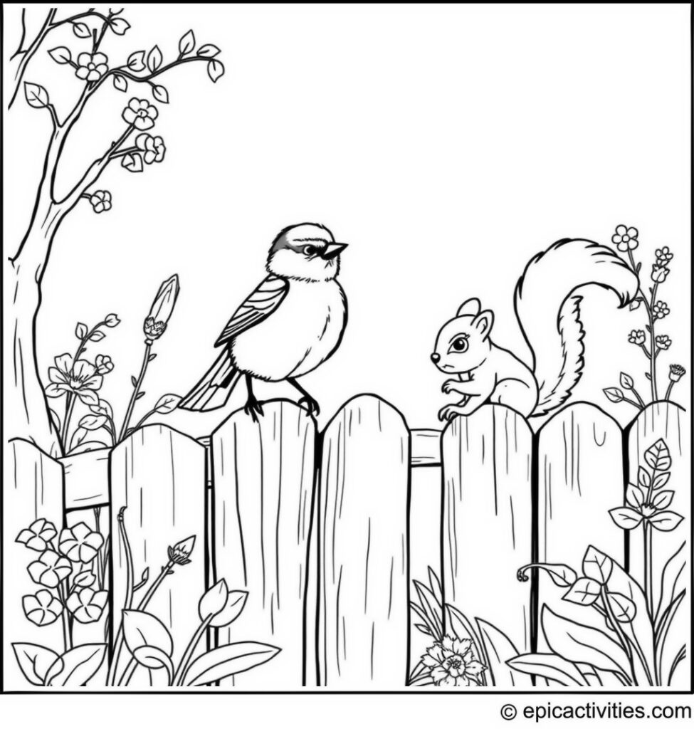 Coloring page of a Cute Chickadee and Squirrel Scene