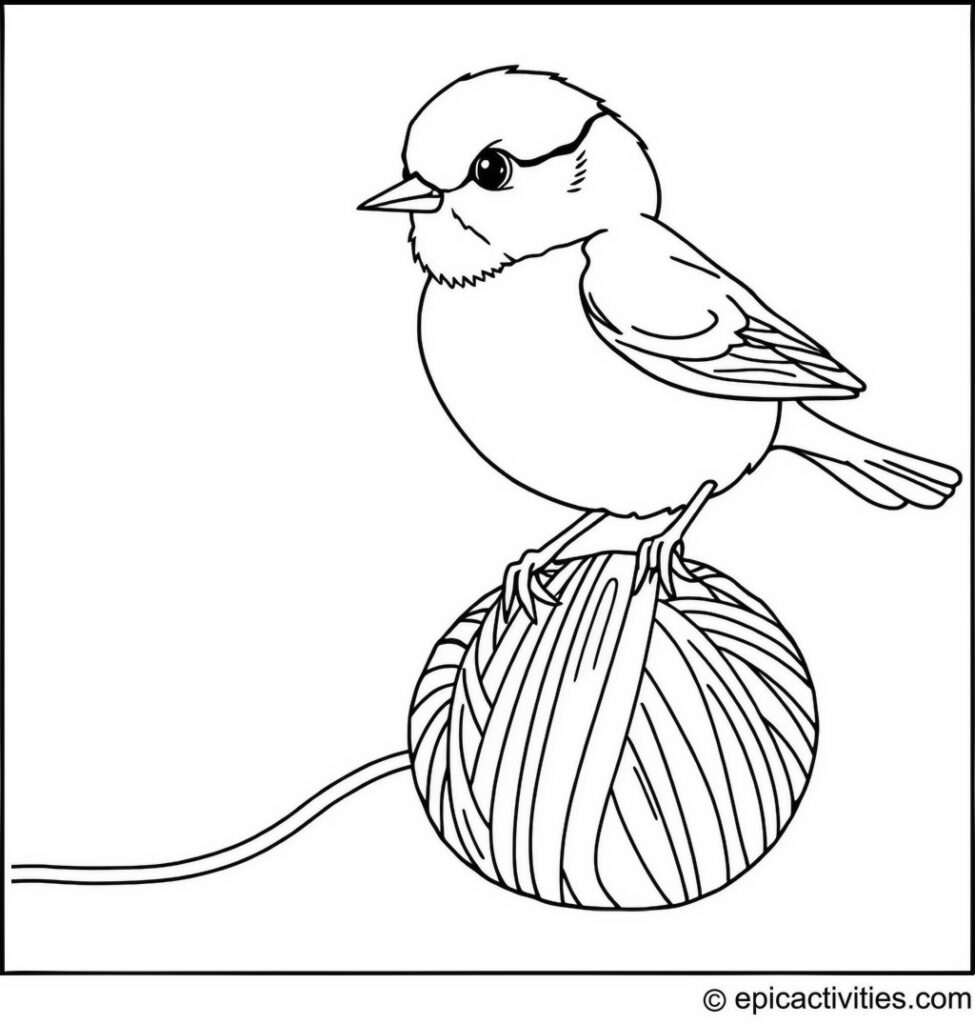 Coloring page of a cute chickadee balancing on a ball of yarn
