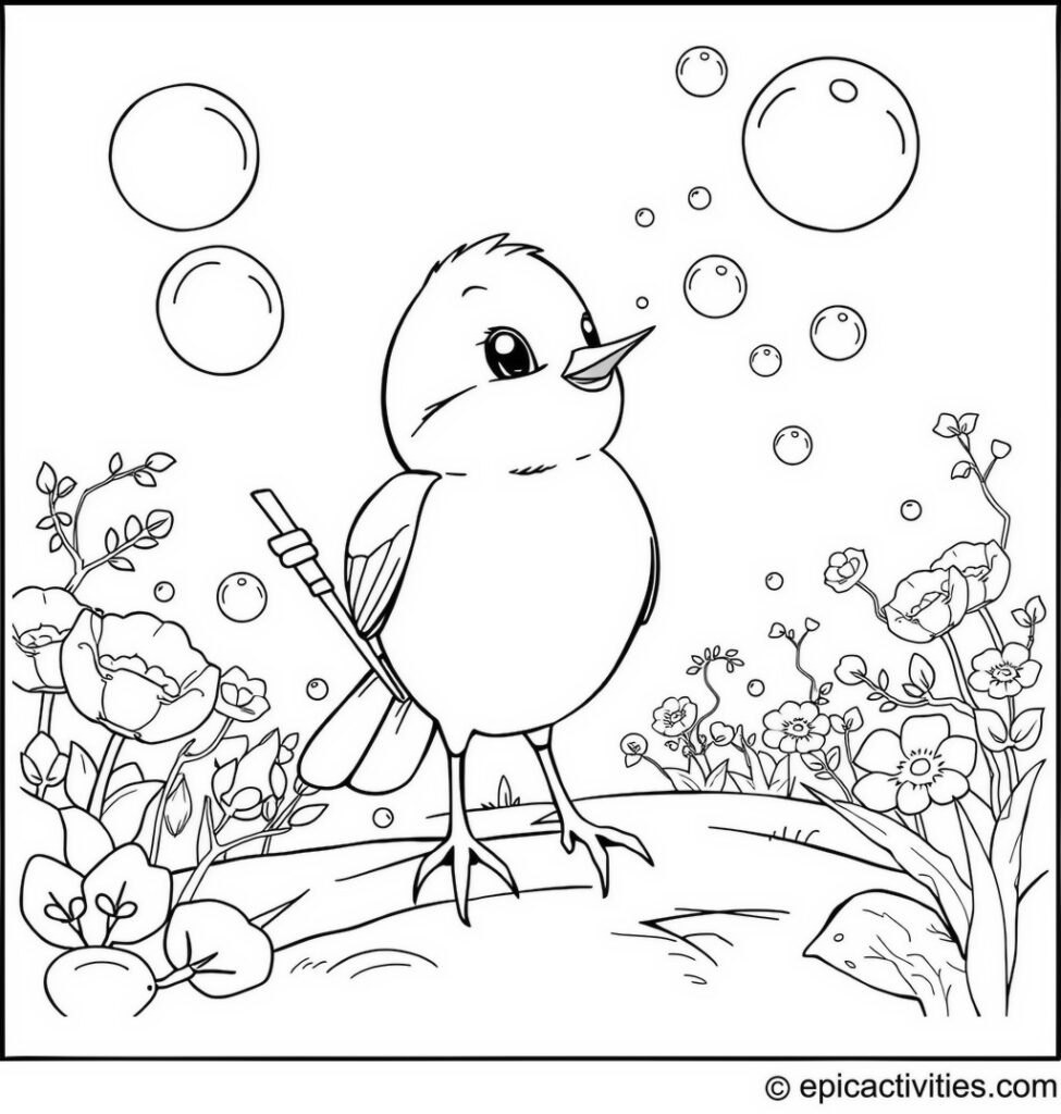 Coloring page of a Cute Chickadee Blowing Bubbles