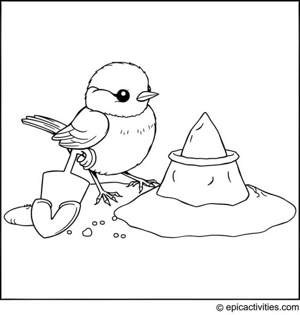 Coloring page of a Cute Chickadee Building a Sandcastle at the Beach