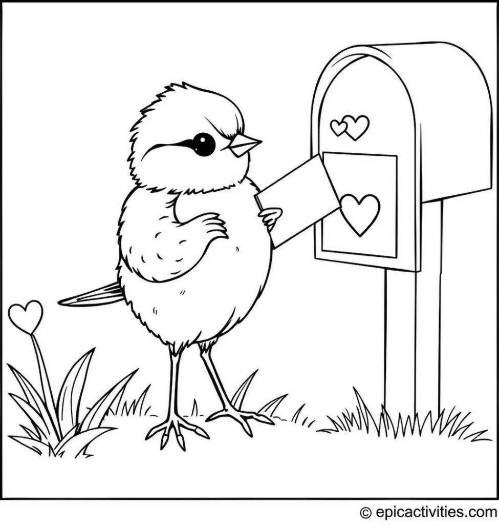 Coloring page of a cute chickadee by a mailbox with a love letter