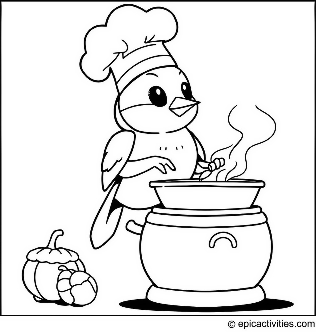 Coloring page of a Cute Chickadee Chef Cooking on an Acorn Stove