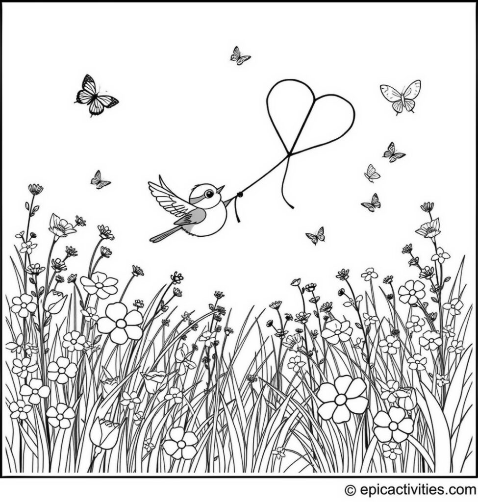 Coloring page of a Cute Chickadee Flying a Heart-shaped Kite in a Meadow