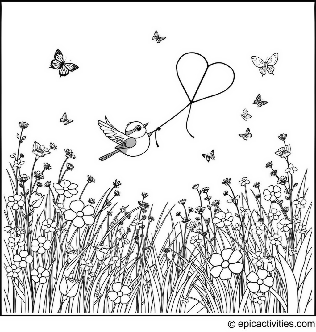 Coloring page of a Cute Chickadee Flying a Heart-shaped Kite in a Meadow