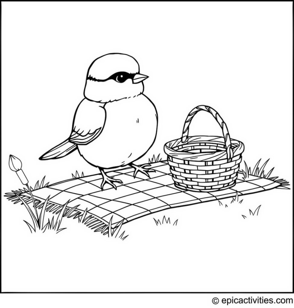 Coloring page of a cute chickadee having a picnic