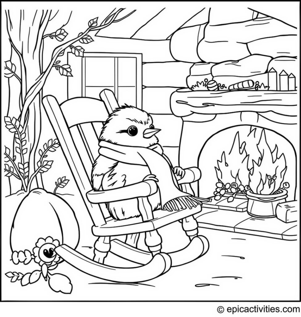 Coloring page of a Cute Chickadee in a Tiny Rocking Chair Knitting a Scarf with Cozy Cabin Background