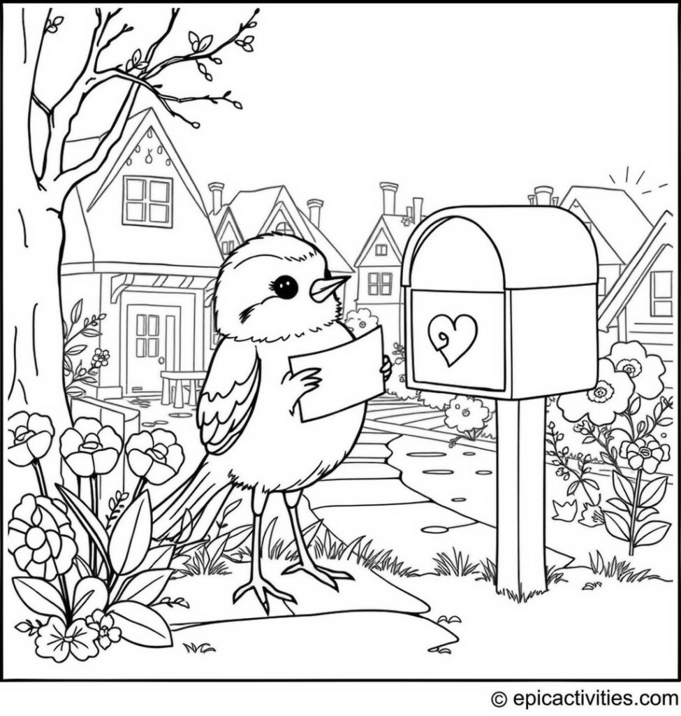 Coloring page of a Cute Chickadee Mailing a Love Letter