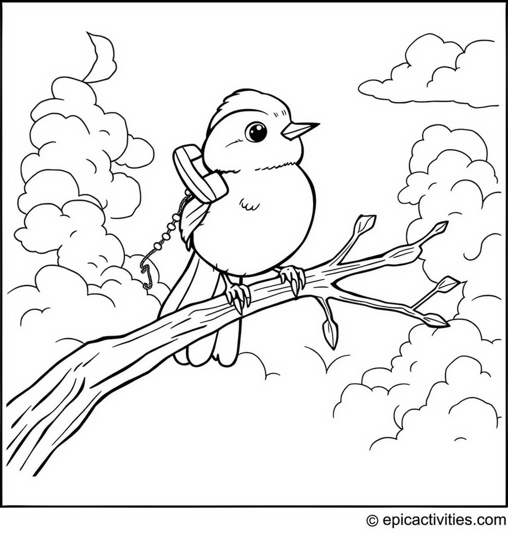 Coloring page of a Cute Chickadee Making a Phone Call in the Sky