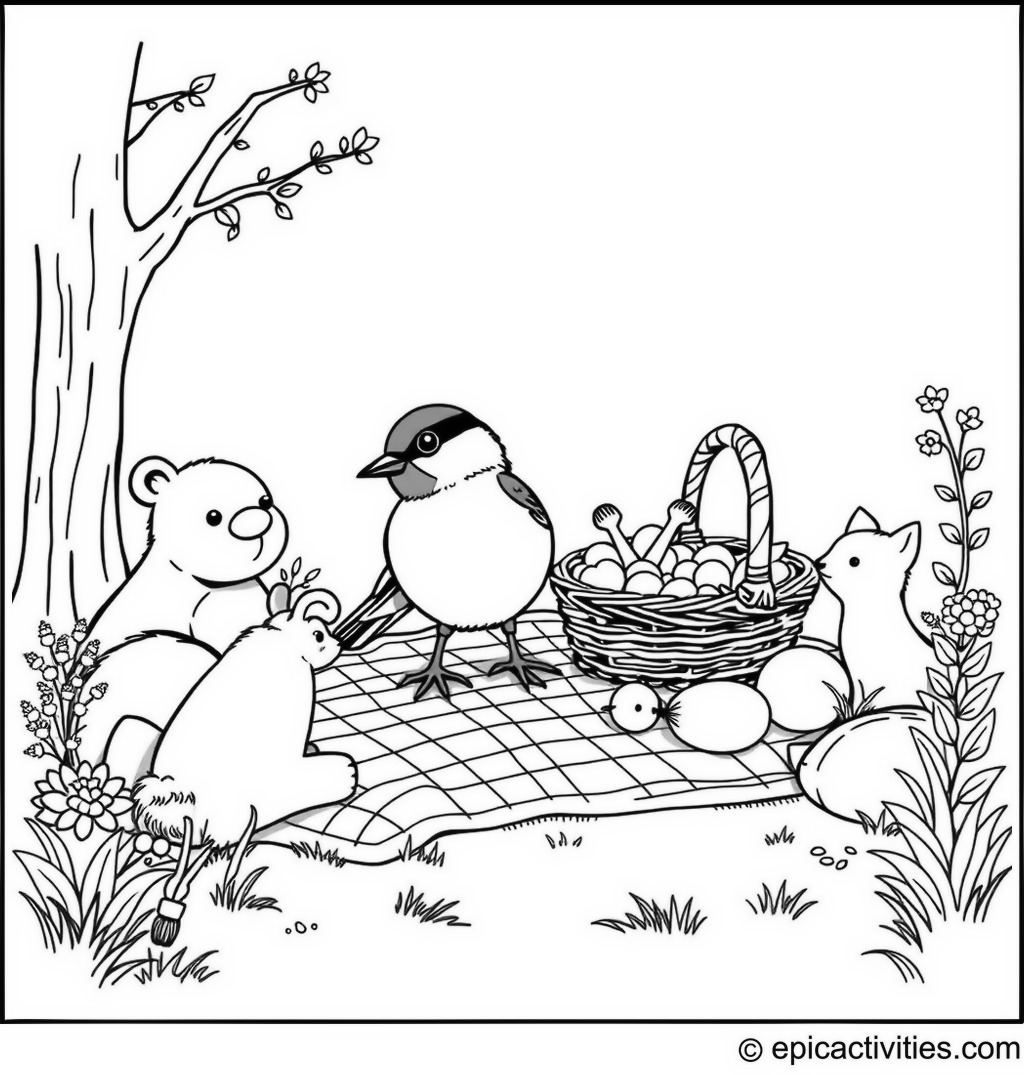 Coloring page of a Cute Chickadee Picnic