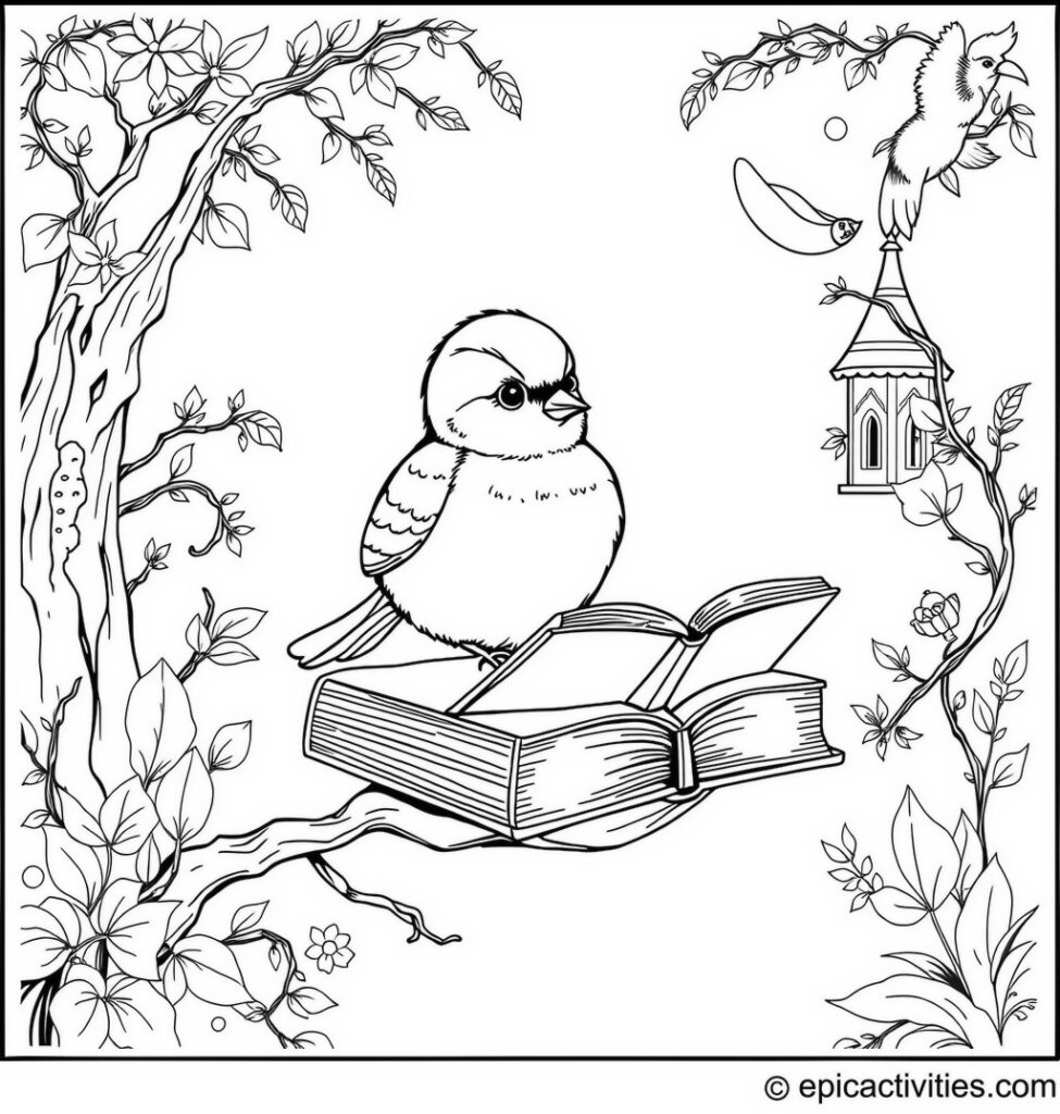 Coloring page of a Cute Chickadee Reading on a Floating Book
