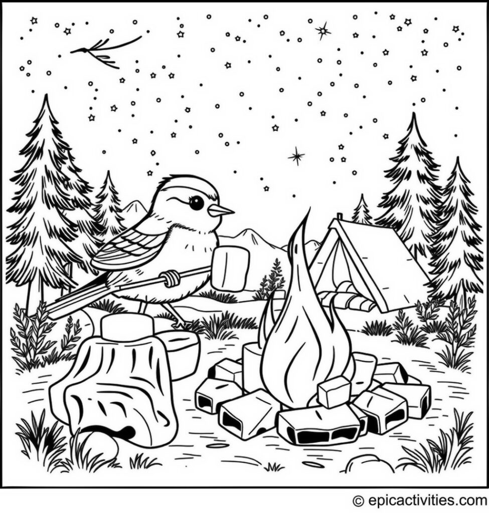 Coloring page of a Cute Chickadee Roasting Marshmallows at a Tiny Campfire