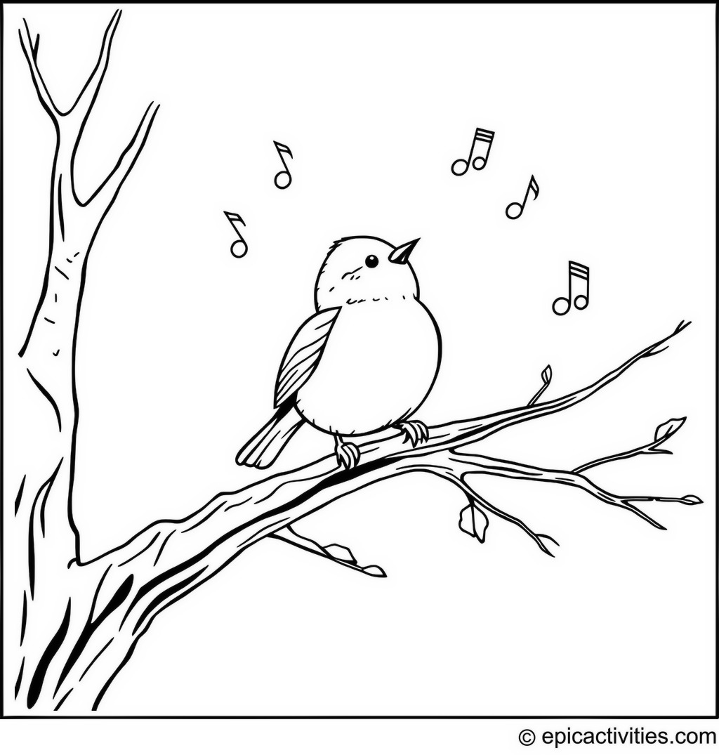 Coloring page of a Cute Chickadee Singing on a Tree Branch