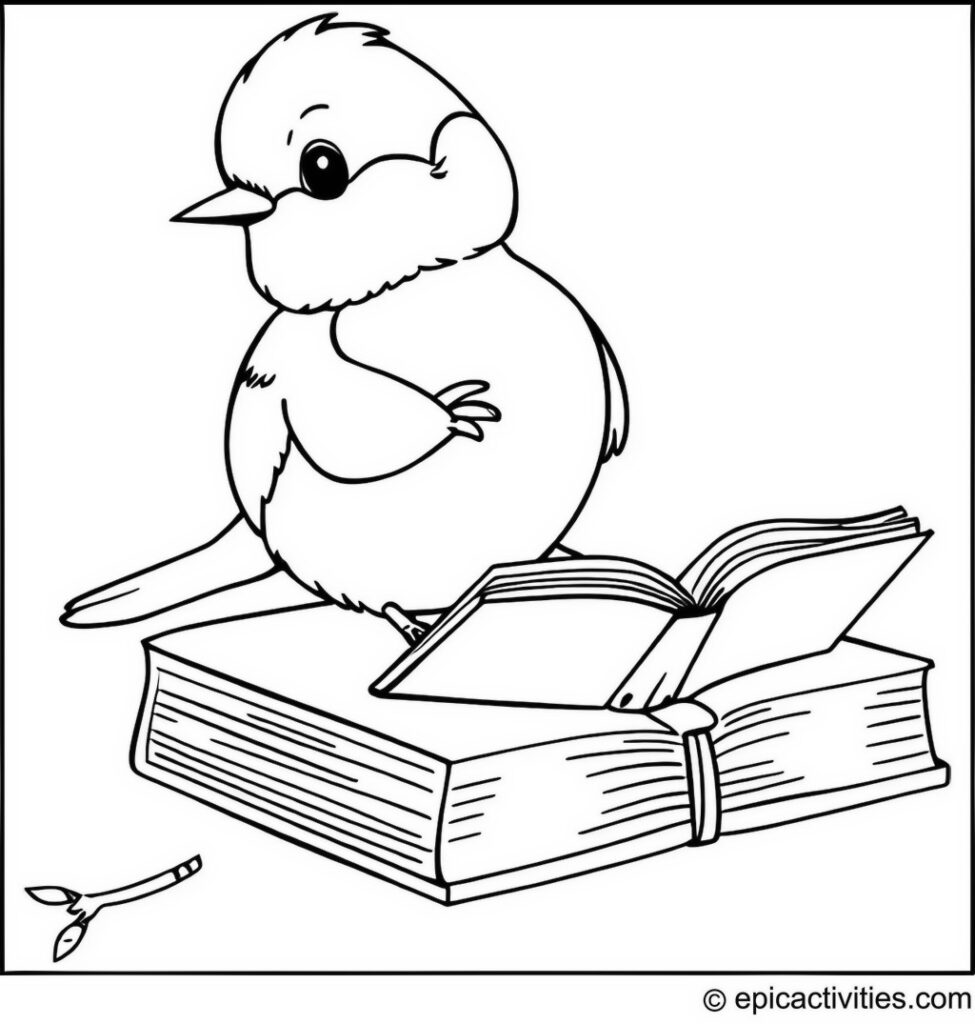 Coloring page of a cute chickadee sitting on a floating book, reading another book